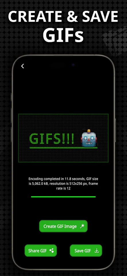 LED Scroller — the editor with colour, speed and blink controls, GIF export, and finished banners reading LOVE, SOS, COOL and HAPPY