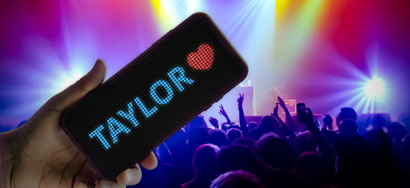 LED Scroller — the editor with colour, speed and blink controls, GIF export, and finished banners reading LOVE, SOS, COOL and HAPPY