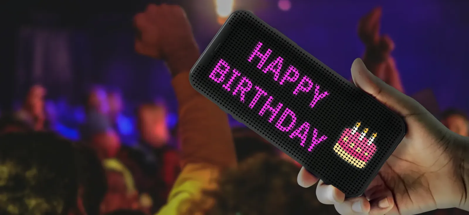 LED Scroller — the editor with colour, speed and blink controls, GIF export, and finished banners reading LOVE, SOS, COOL and HAPPY