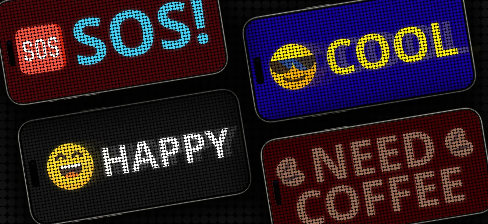 LED Scroller — the editor with colour, speed and blink controls, GIF export, and finished banners reading LOVE, SOS, COOL and HAPPY